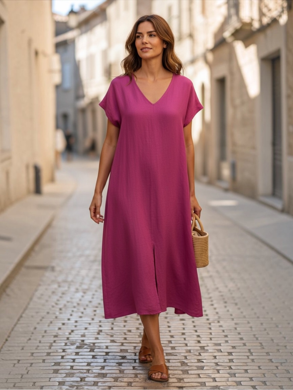 Milson Deep Muted Pink Linen Midi Dress